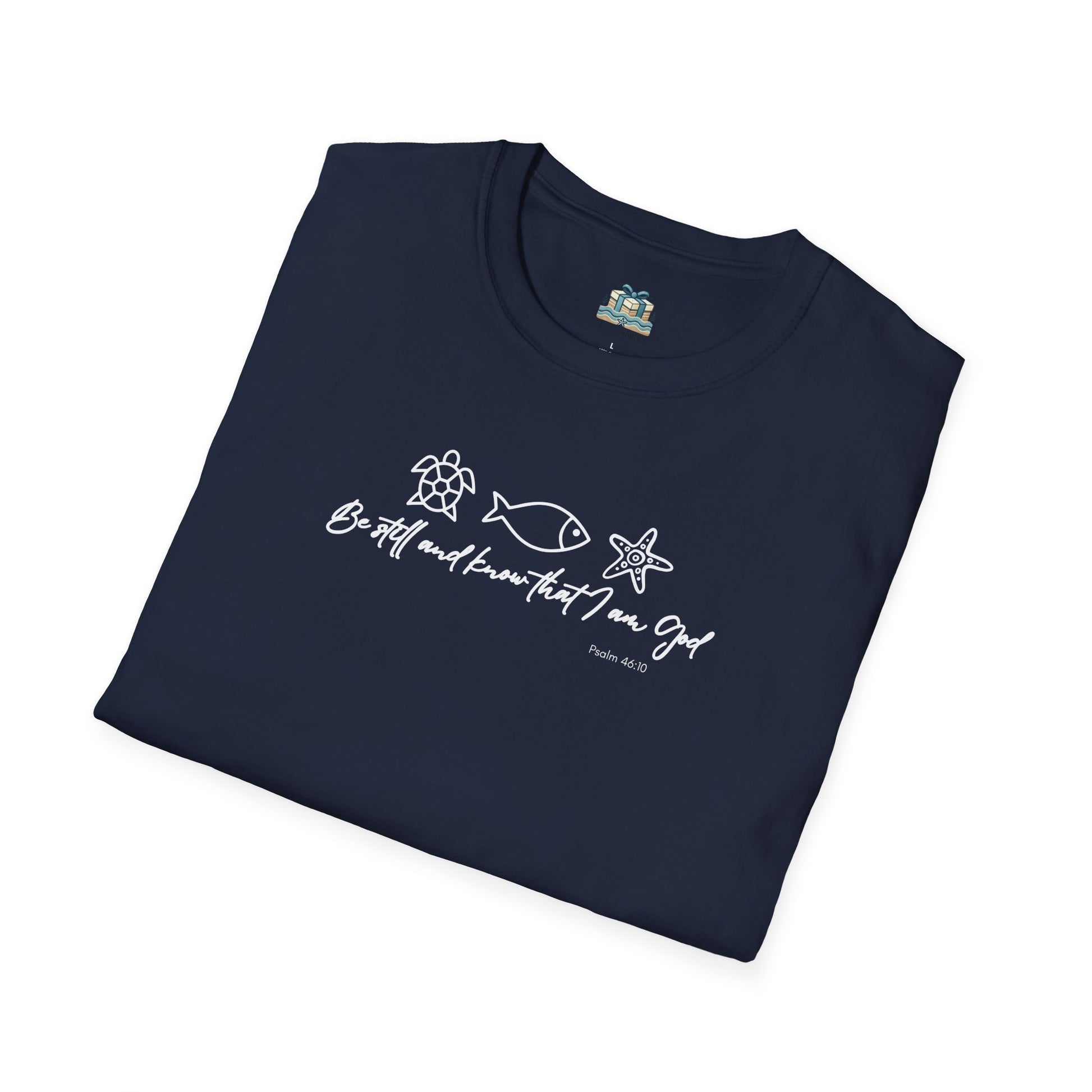 Folded navy blue t-shirt with white text and graphics on a white background