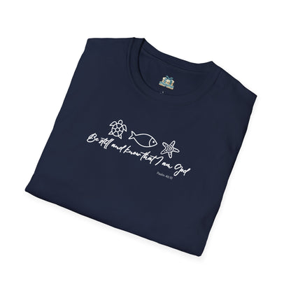 Folded navy blue t-shirt with white text and graphics on a white background