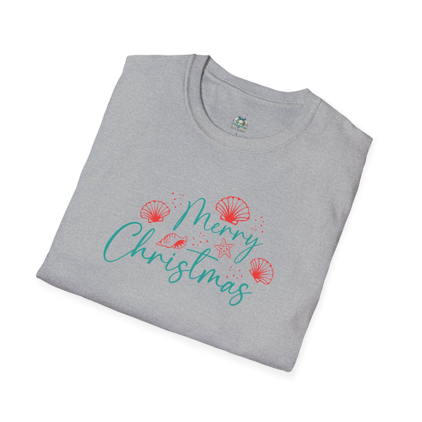 Folded gray t-shirt with 'Merry Christmas' text and decorative elements on a white background