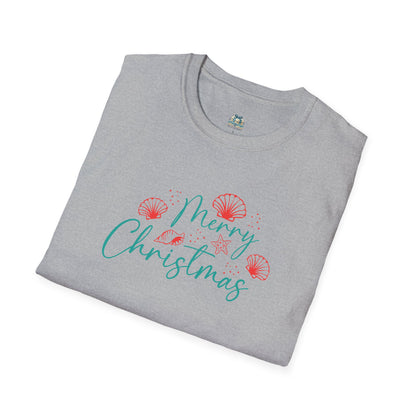Folded gray t-shirt with 'Merry Christmas' text and decorative elements on a white background