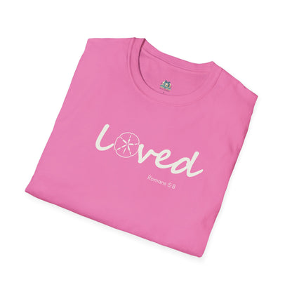 Pink t-shirt with 'loved' text on a white background