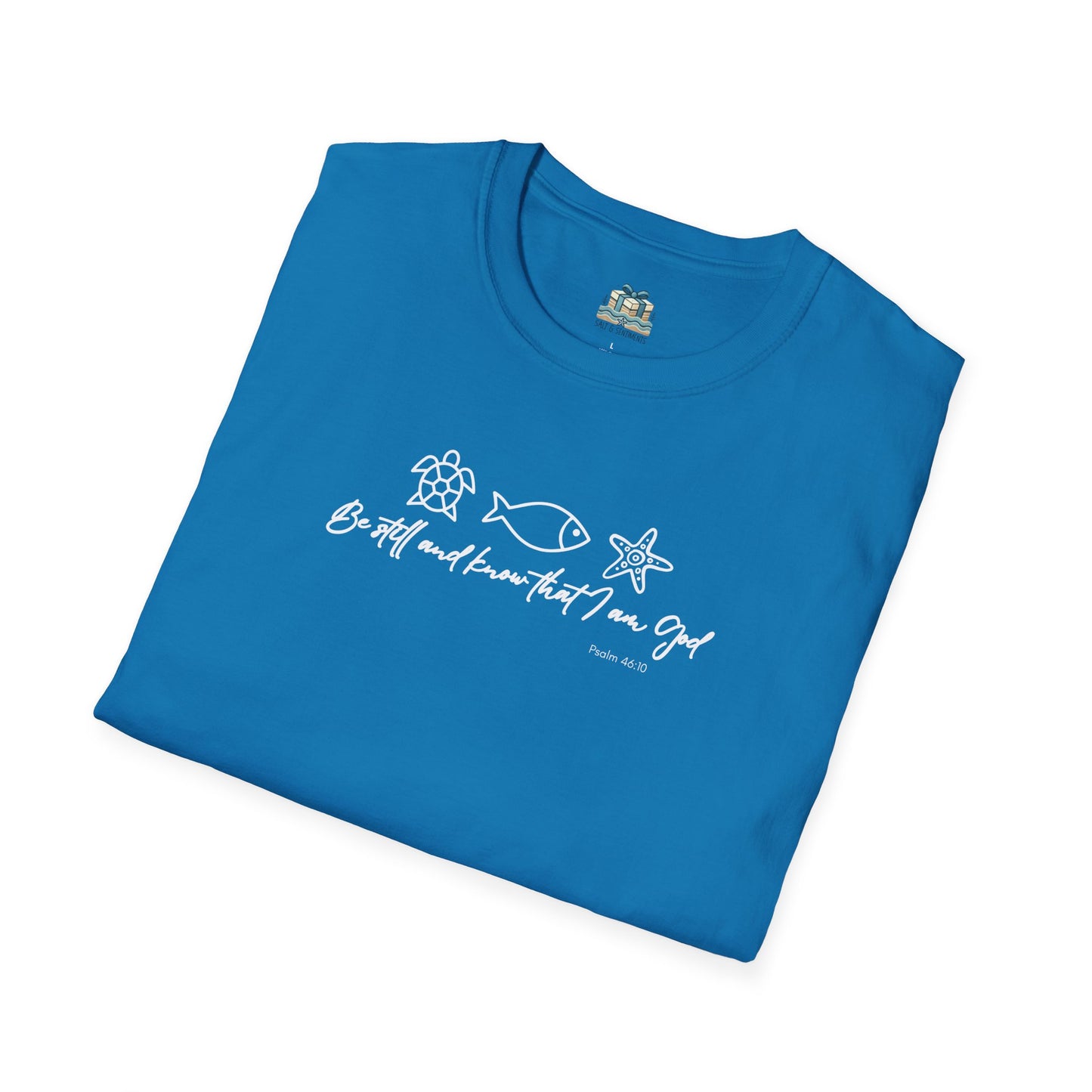 Folded blue t-shirt with white text and graphics on a white background