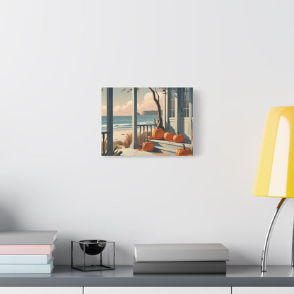 Framed artwork of pumpkins by a window with ocean view on a wall above a desk.