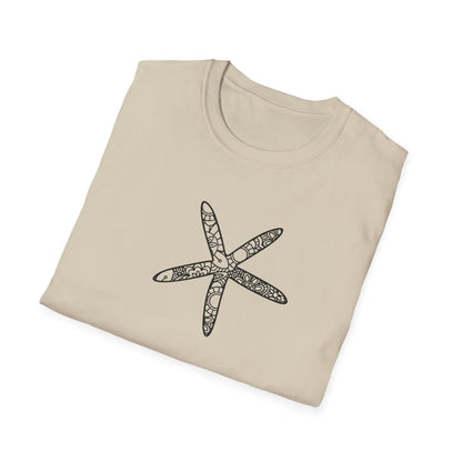 Folded beige t-shirt with a black starfish design on a white background