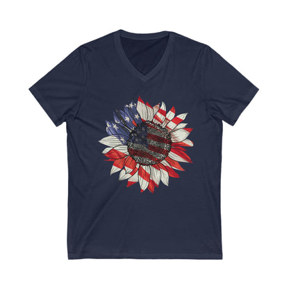 lose-up of patriotic sunflower graphic on a white women's t-shirt