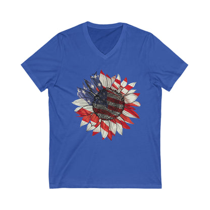 Royal Blue V-neck t-shirt with bold patriotic flower print worn outdoors