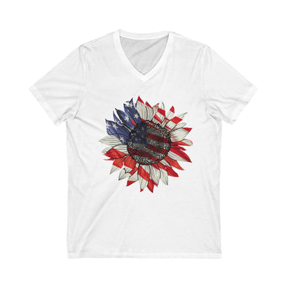 White V-neck t-shirt with bold patriotic flower print worn outdoors
