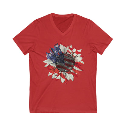 Fourth of July fashion look with an American flag sunflower shirt

