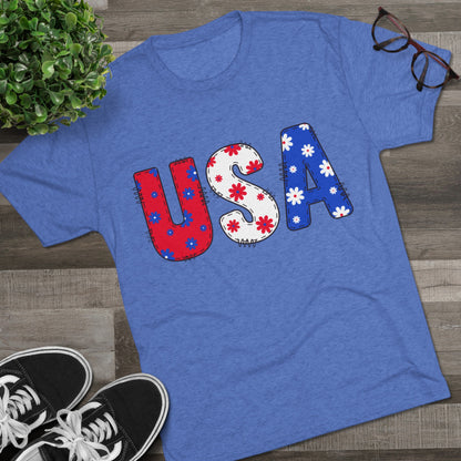 Royal Blue USA tee with red, white, and blue floral print lettering