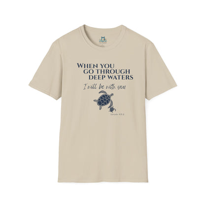 Beige t-shirt with turtle graphic and text on a white background