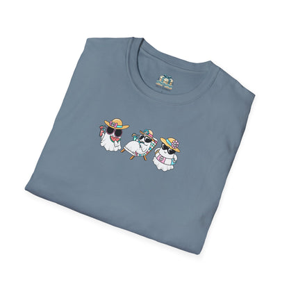 Folded blue t-shirt with cartoon dog design on a white background