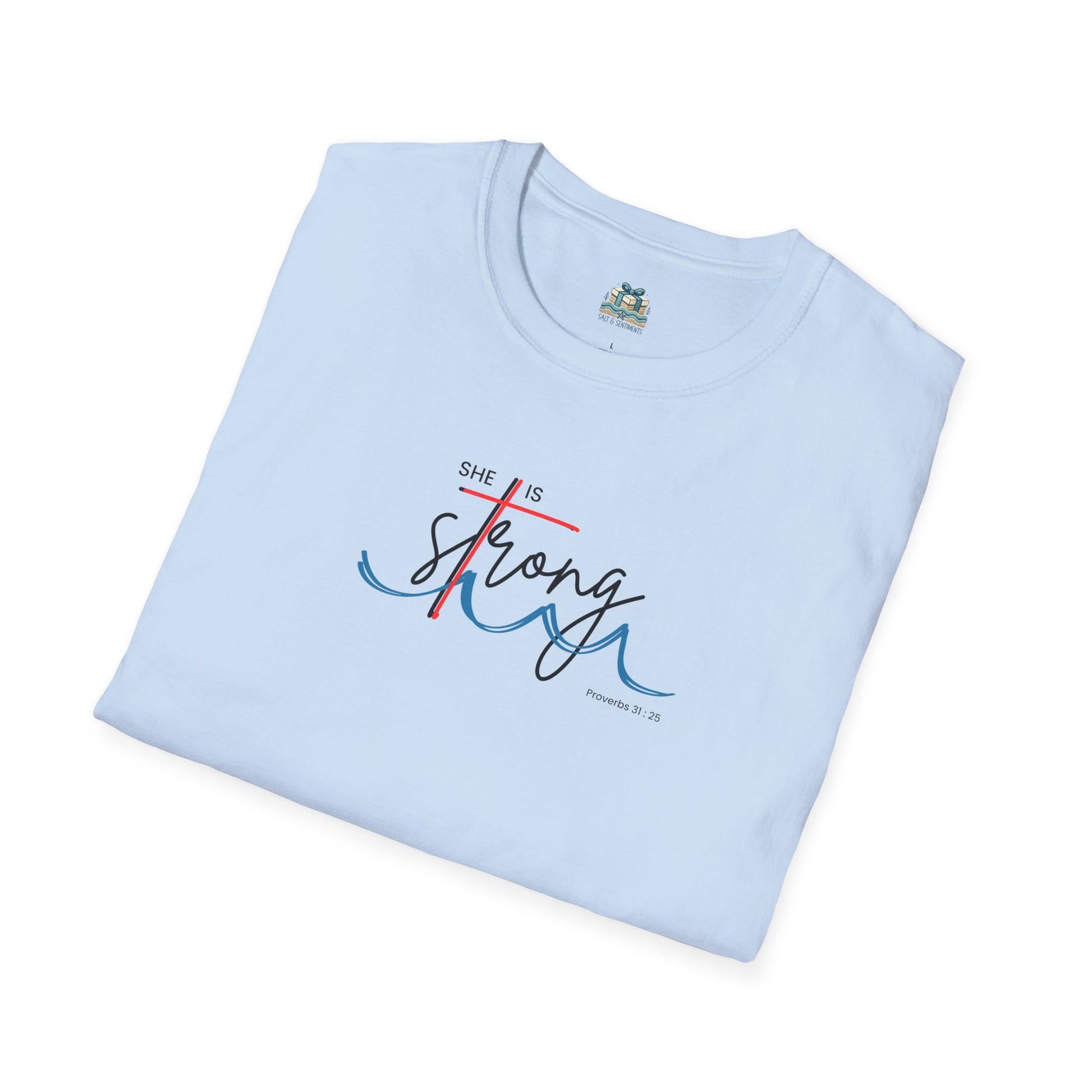 Light blue t-shirt with 'She is strong' text design on a white background