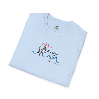 Light blue t-shirt with 'She is strong' text design on a white background