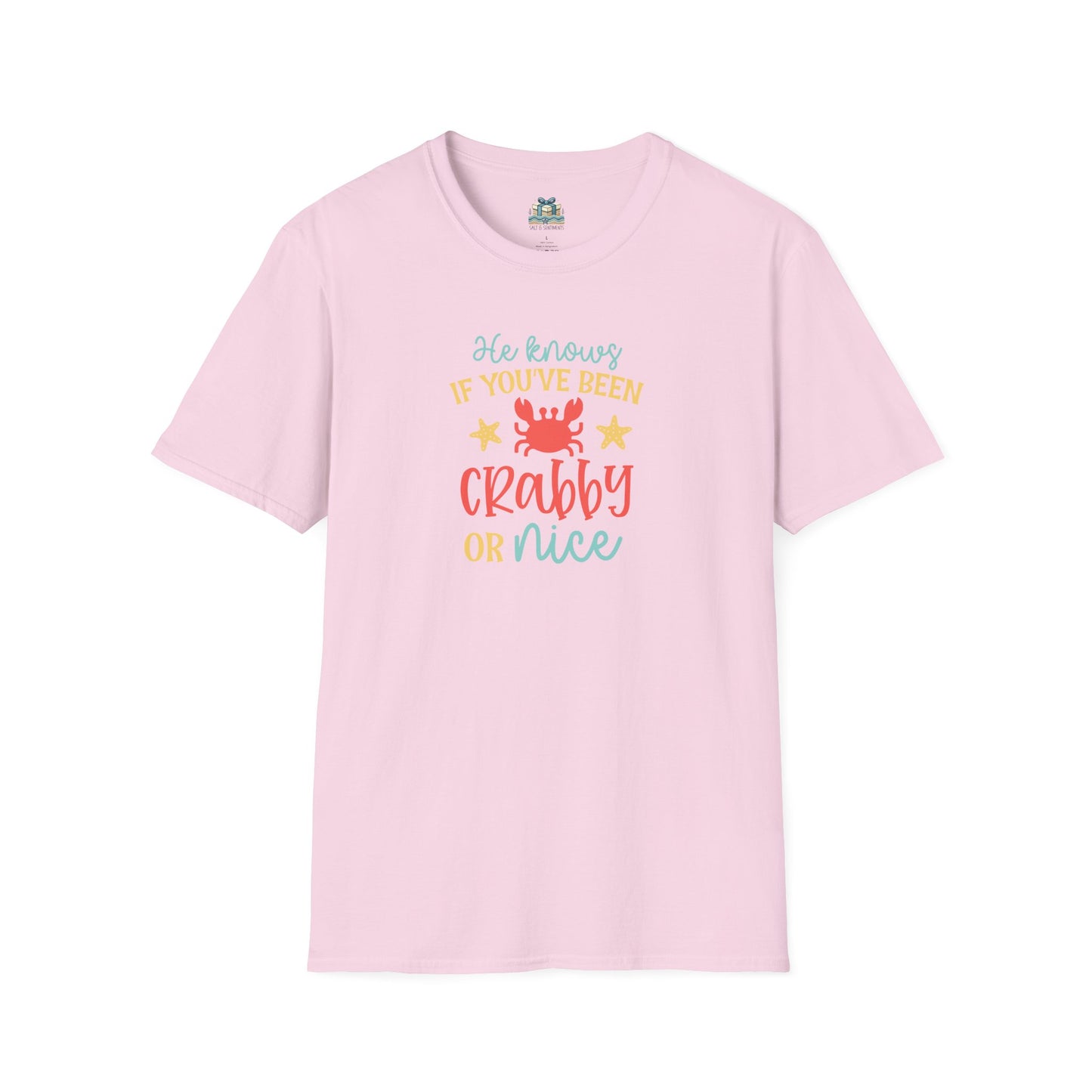 Pink t-shirt with colorful text and a crab graphic on a white background