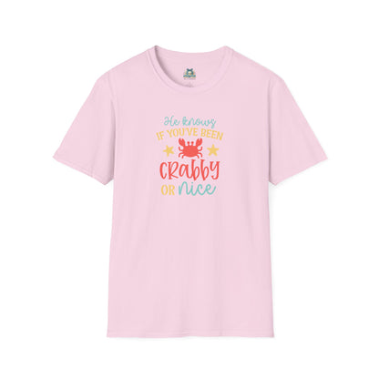 Pink t-shirt with colorful text and a crab graphic on a white background