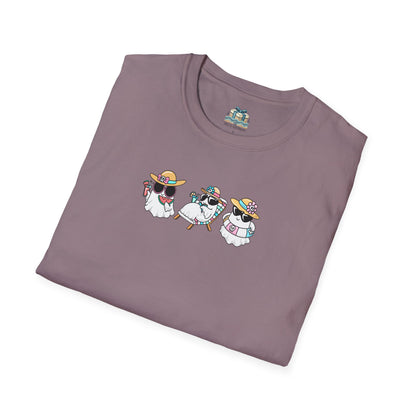 Folded purple t-shirt with dog graphic on a white background