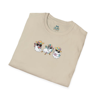 Folded beige t-shirt with cartoon dog design on a white background