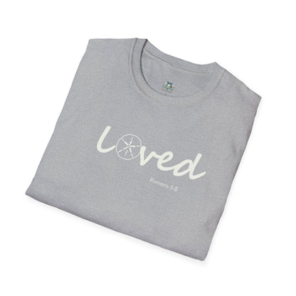 Folded gray t-shirt with 'loved' text on a white background