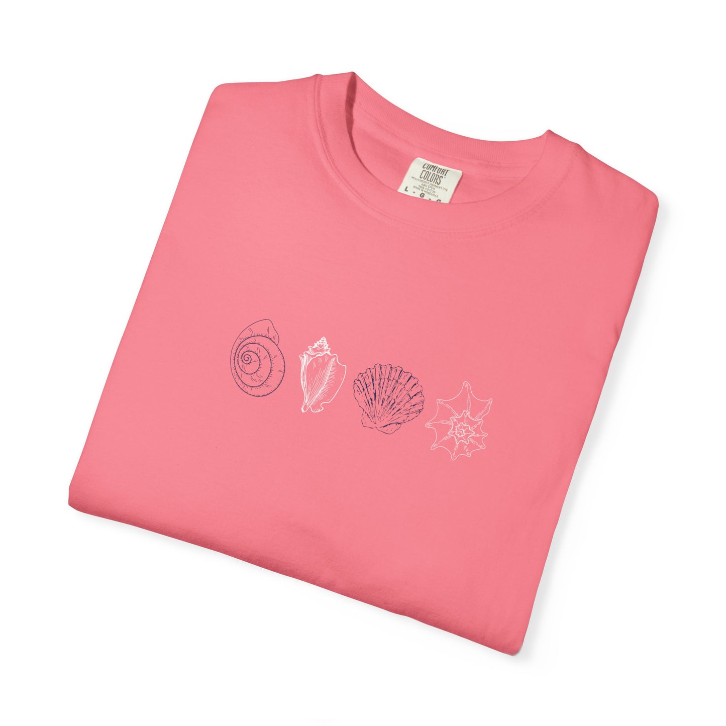 Folded peony Comfort Colors t-shirt featuring coastal shell line art