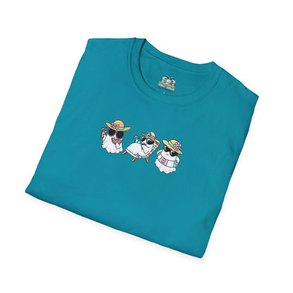 Folded teal t-shirt with cartoon dog design on a white background
