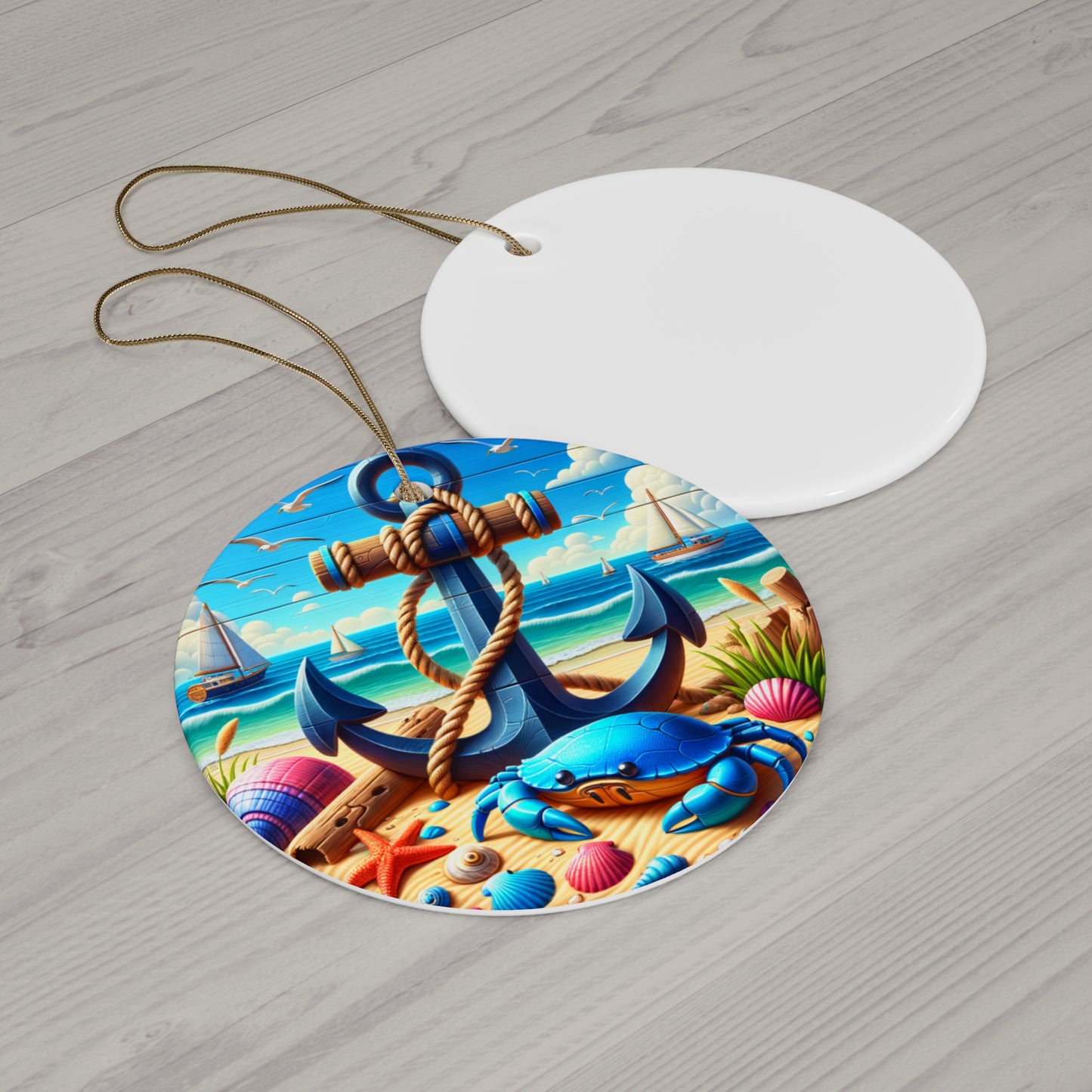 Circular ornament with an anchor and crab design on a wooden surface