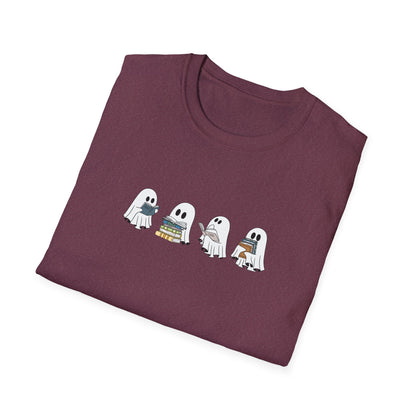 Burgundy t-shirt with ghost and book illustrations styled for autumn.