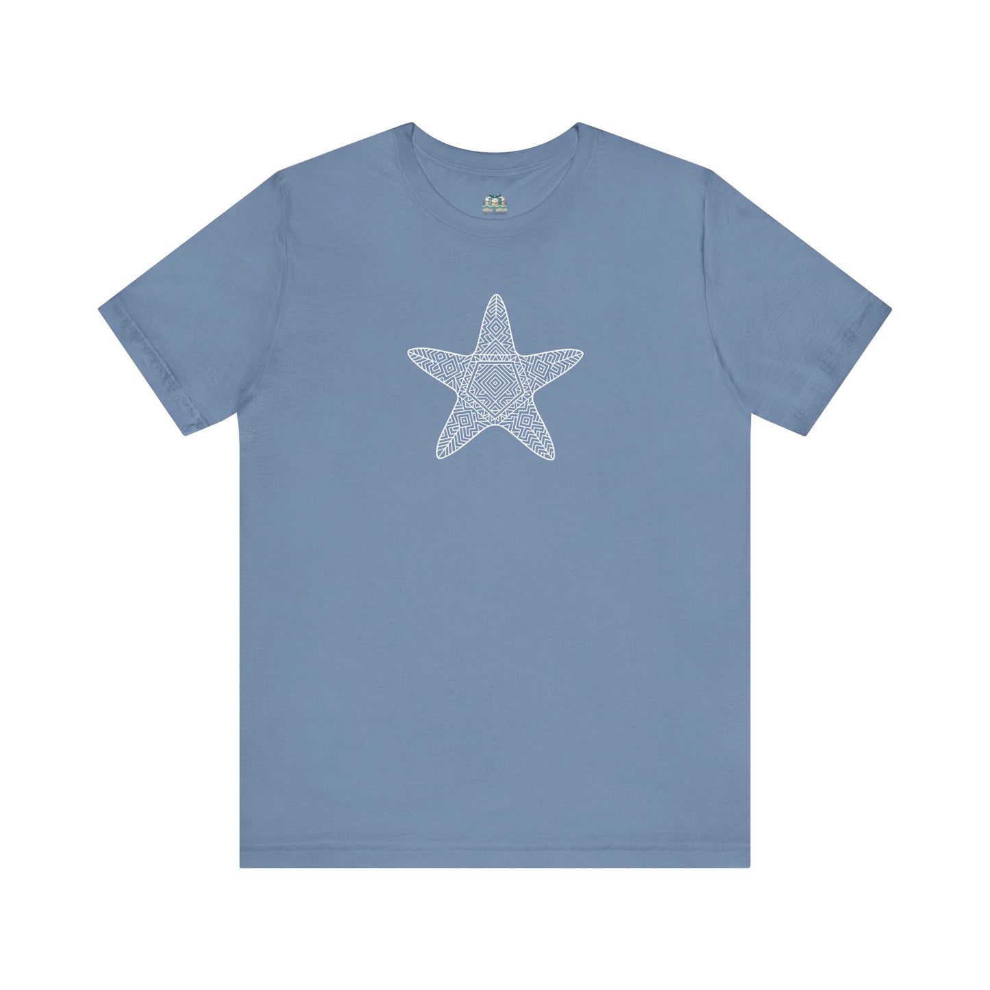 Casual coastal outfit featuring steel blue starfish print t-shirt