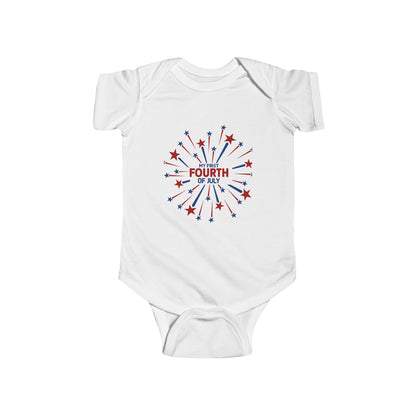 White “My First Fourth of July” bodysuit with red and blue firework design