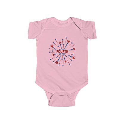 Pink “My First Fourth of July” bodysuit with red and blue firework design