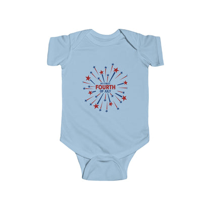 Blue “My First Fourth of July” bodysuit with red and blue firework design