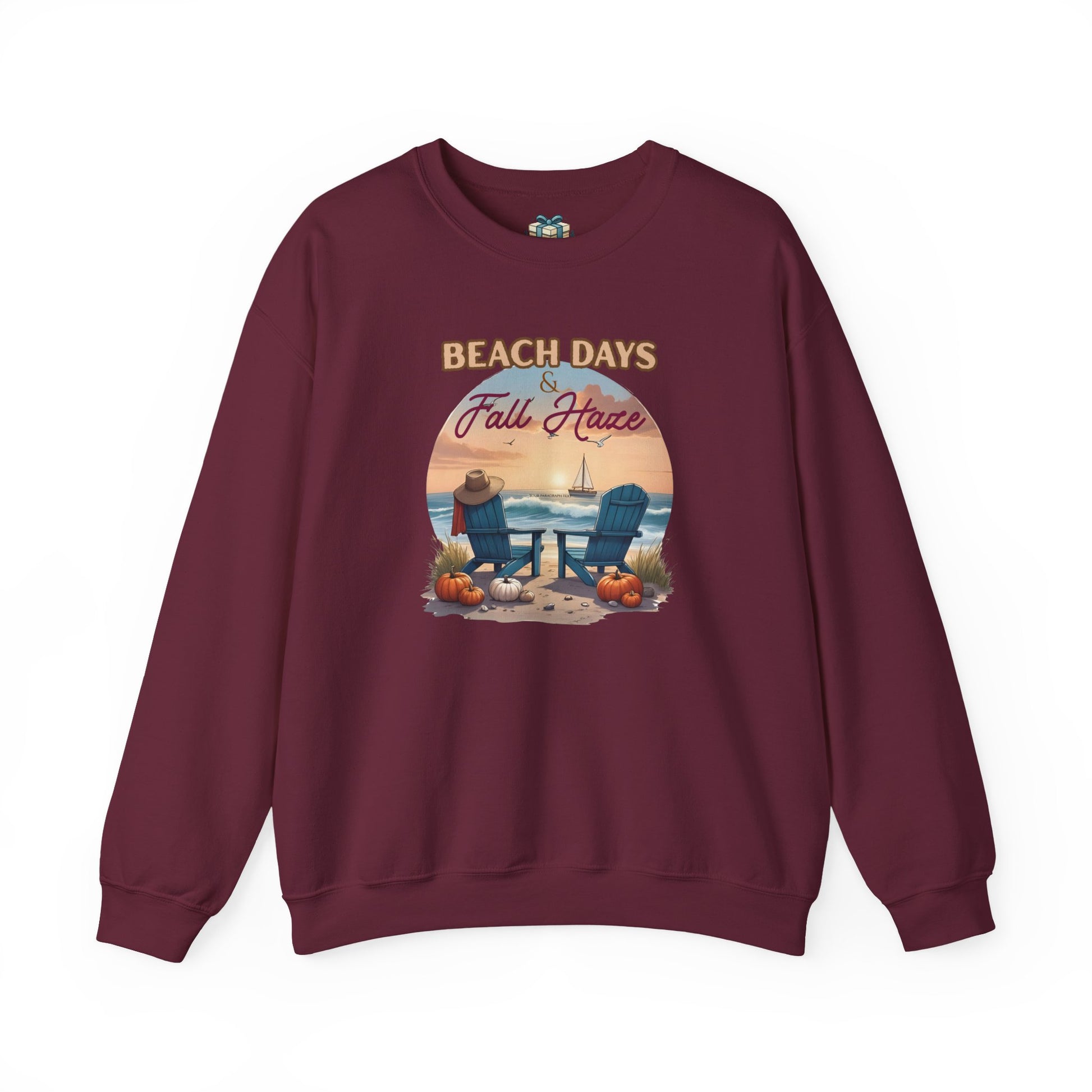 Maroon sweatshirt with beach-themed graphic and text on a white background