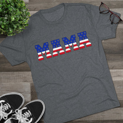Gray Flat lay  T-shirt with “MAMA” in American flag print across the chest, showcasing a patriotic and stylish design.