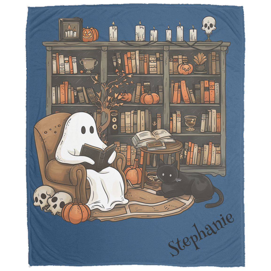 Ghost reading a book with a black cat on a cozy reading nook, surrounded by Halloween decorations.