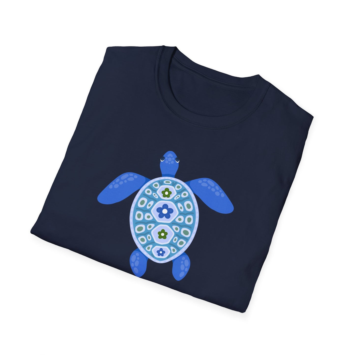 Folded navy blue shirt with a blue turtle design on a white background
