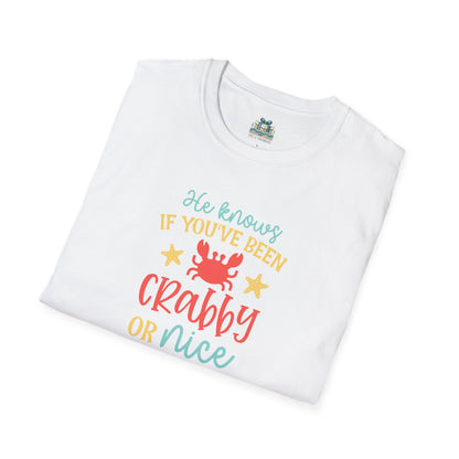 White t-shirt with colorful text and a crab graphic on a white background