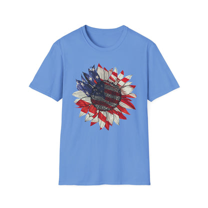 Carolina Blue crew neck t-shirt with distressed American flag sunflower print

