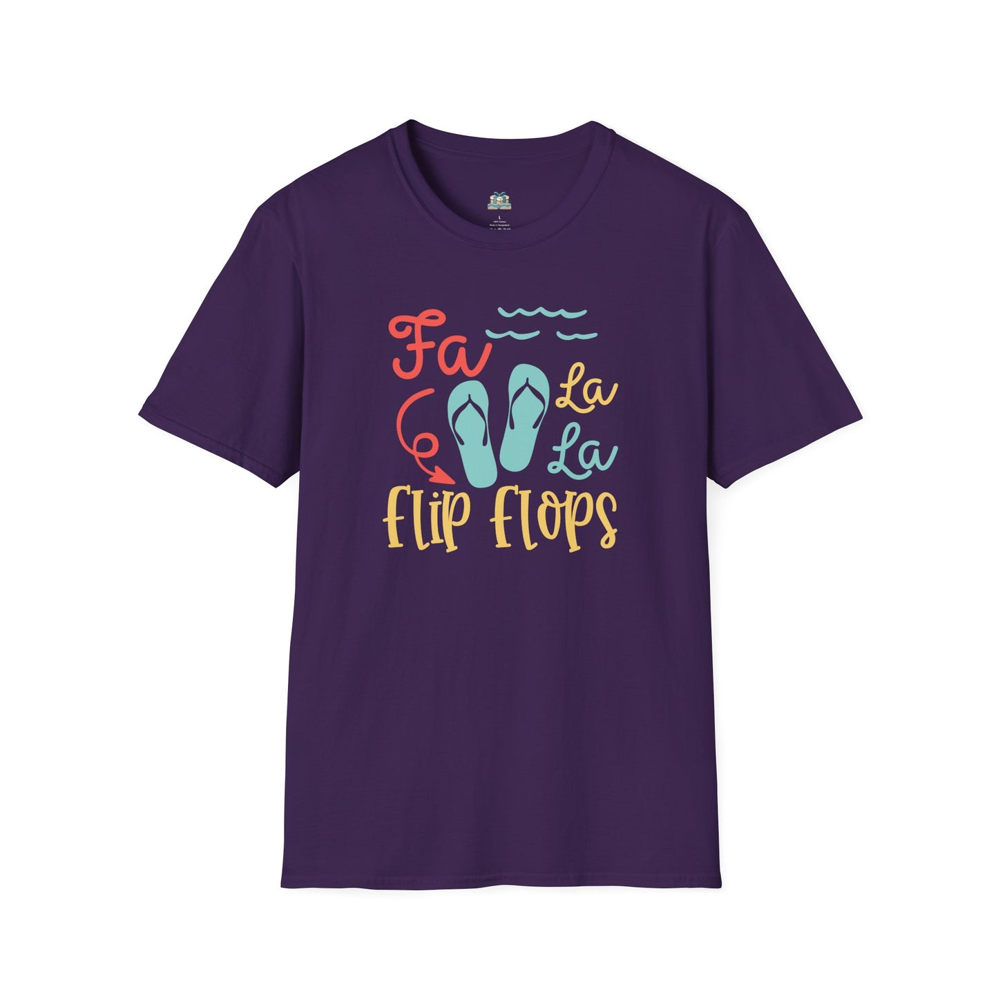 Purple t-shirt with 'Fa La La Flip Flops' text and graphics on a white background