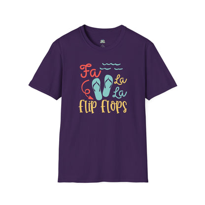 Purple t-shirt with 'Fa La La Flip Flops' text and graphics on a white background