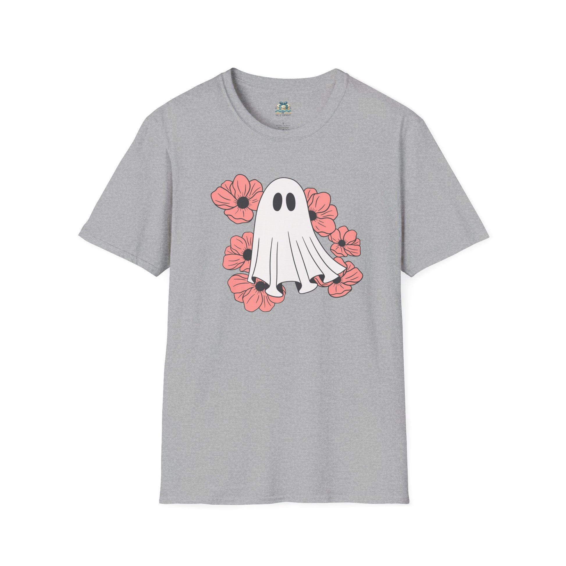 Gray t-shirt with a ghost and flower design on a white background