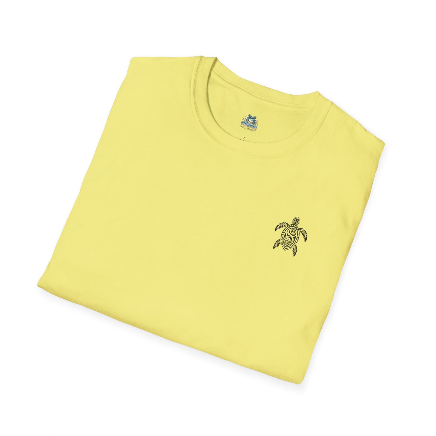 Yellow t-shirt with a turtle emblem on a white background