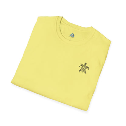 Yellow t-shirt with a turtle emblem on a white background