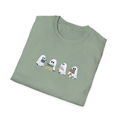 Sage Green t-shirt with ghost and book illustrations styled for autumn.
