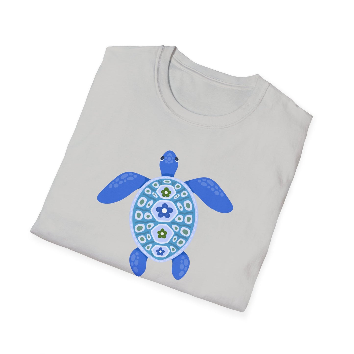 Folded gray t-shirt with a blue turtle design on a white background