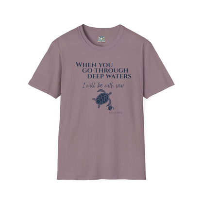 Mauve t-shirt with turtle graphic and motivational quote on a white background