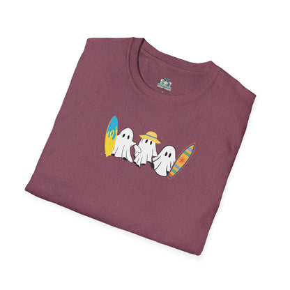 Folded maroon t-shirt with ghost design on a white background