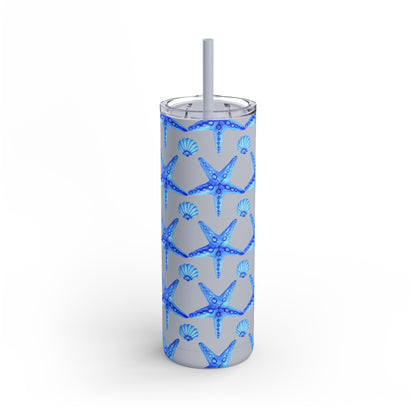 Slim matte tumbler with ocean-inspired pattern and straw