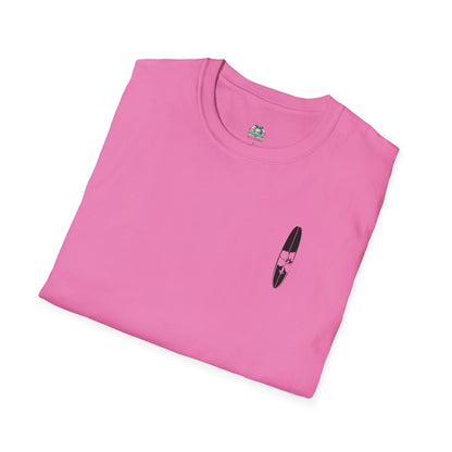 Folded pink t-shirt with a small black graphic on a white background