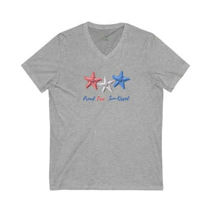 Gray V-neck T-shirt with red, white, and blue starfish and the phrase "Proud, Free & Sun-Kissed" printed on the front.