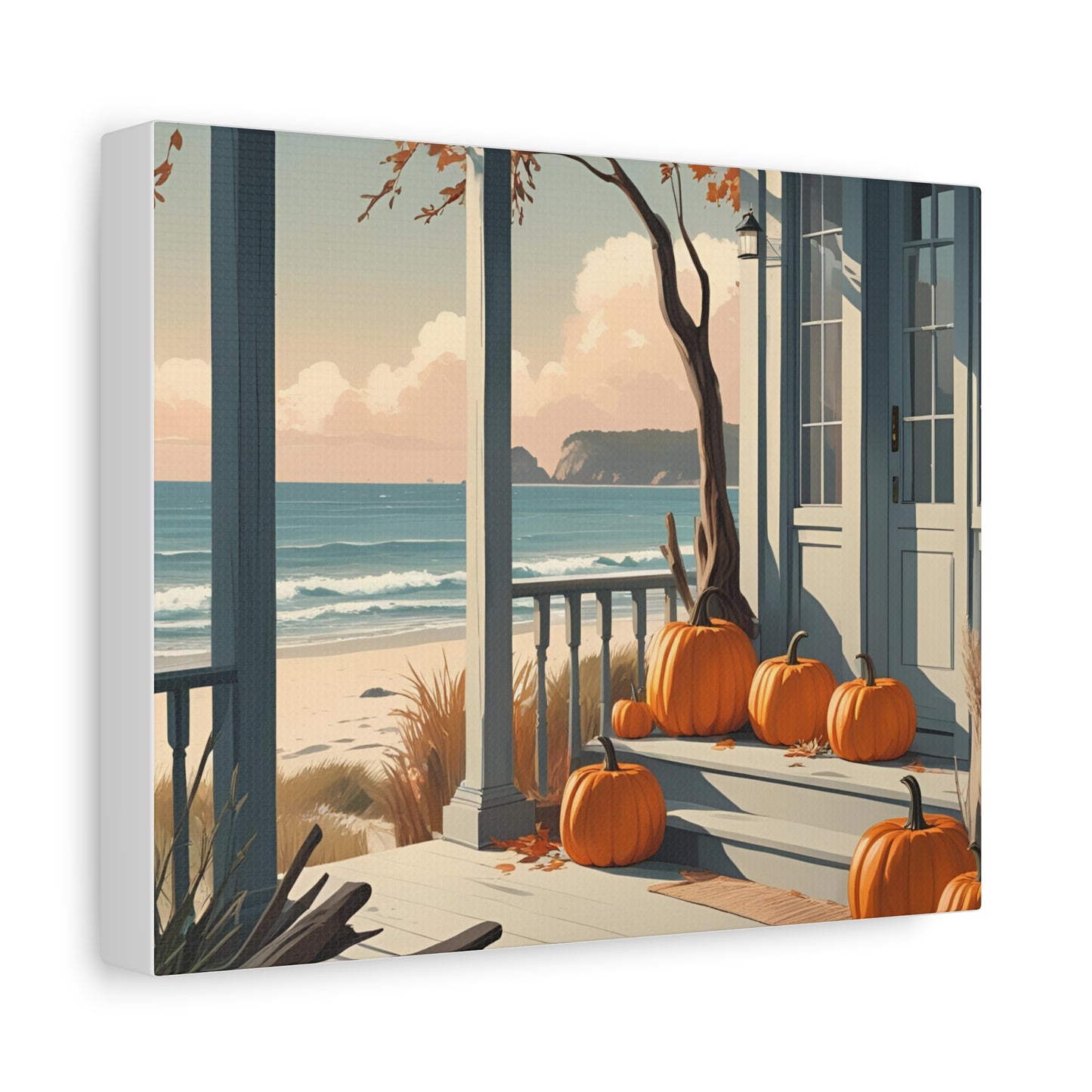 Canvas print of a beach scene with pumpkins on a porch.
