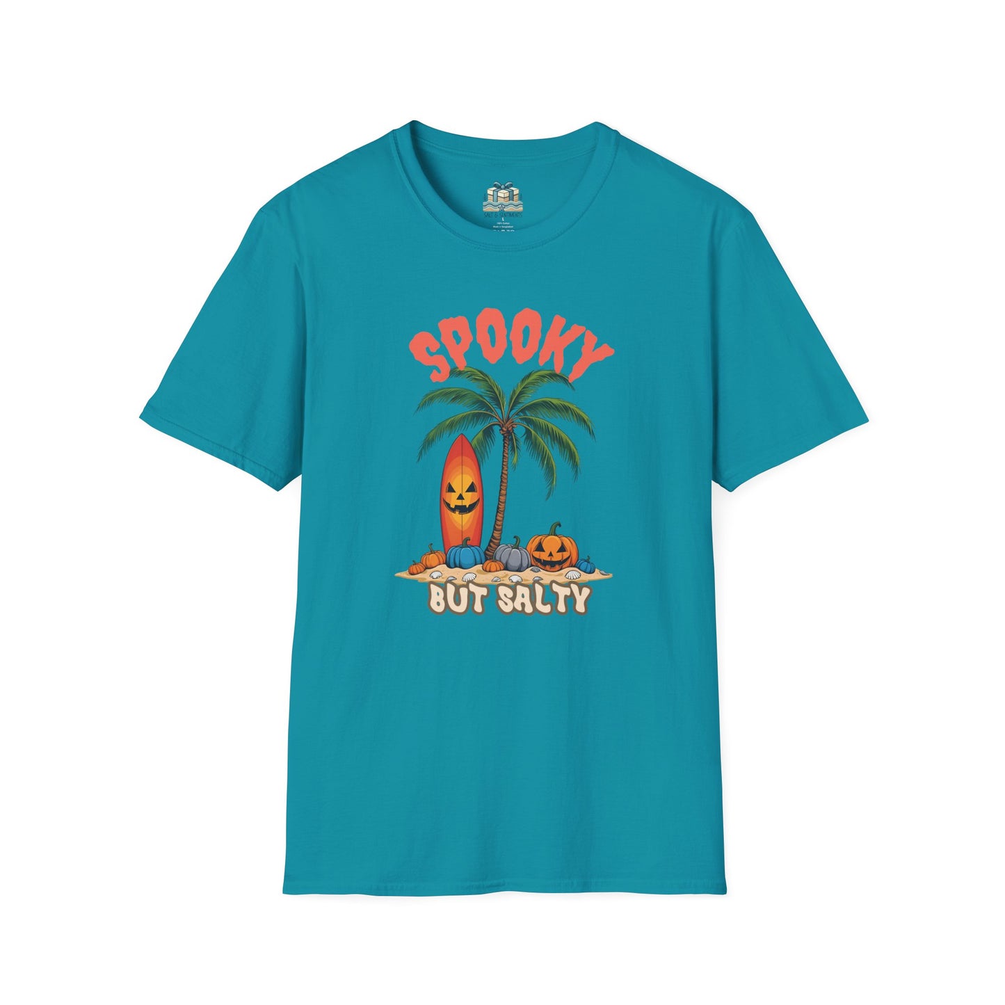 Teal t-shirt with Halloween-themed design featuring pumpkins and a palm tree on a white background.